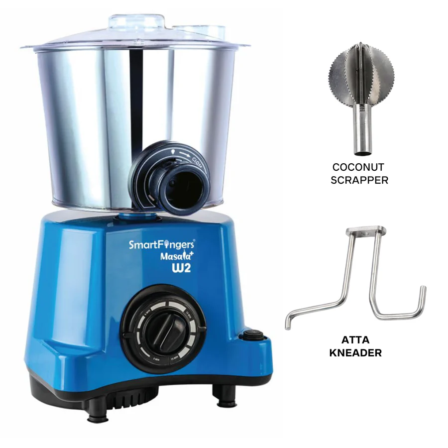 2 Liter-Blue/MASALA PLUS SmartFingers Table Top Masala Wet Grinder 230V 50hz (COCONUT SCRAPPER WITHOUT PLATE + ATTA KNEADER)
