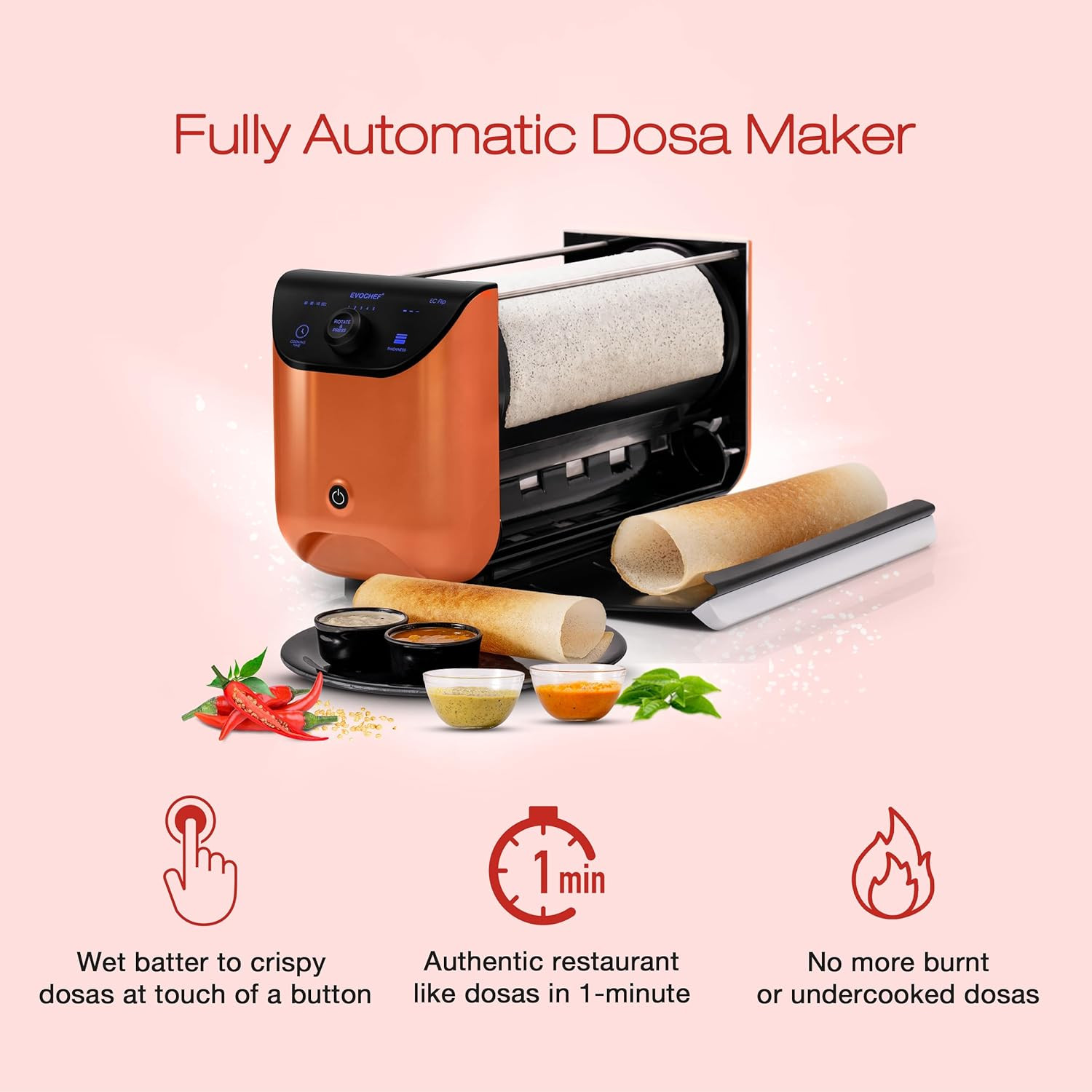 EVOCHEF EC Flip Automatic Dosa Maker, 1-Minute Dosas, 360° Food Grade Coated Roller, Easy Cooking Time & Thickness Control, Touch Controls, Compact & Portable, 1600W, 1 Year Warranty, Metallic Orange