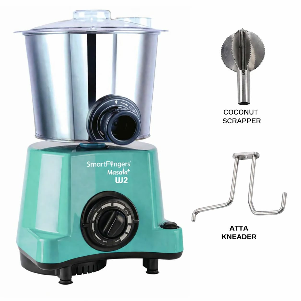 2 Liter-GREEN/MASALA PLUS SmartFingers Table Top Masala Wet Grinder 230V 50hz (COCONUT SCRAPPER WITHOUT PLATE + ATTA KNEADER)